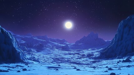 Breathtaking 3D lunar landscape with a radiant moonlit backdrop. Detailed craters and peaks under a luminous silver glow evoke awe and mystery