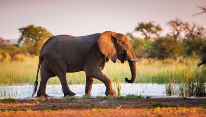 Striking Side Profile of an Elephant Roaming Marshes near a Watering Hole in Bela Bela, Limpopo at Dusk Majestic Grey Giant Strolling through a Serene Scene, Conveying Tranquility and Wilderness