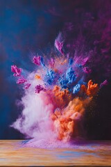 colorful powder explosion, with the colors being pink, blue, and orange, Holi festival