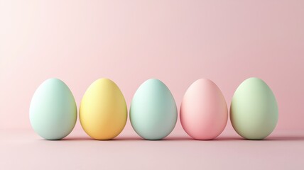 Soft pastel-colored eggs are arranged neatly in a row against a gentle pink background, evoking a serene and festive atmosphere.