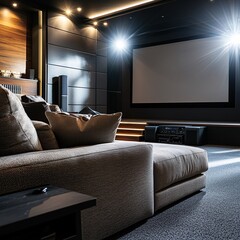 Luxurious home theater with large screen, comfortable seating, and subtle lighting