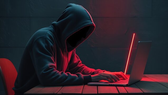 A mysterious figure sits at a plain wooden table, hunched over a sleek silver laptop, fully engaged in their work. With neon red light