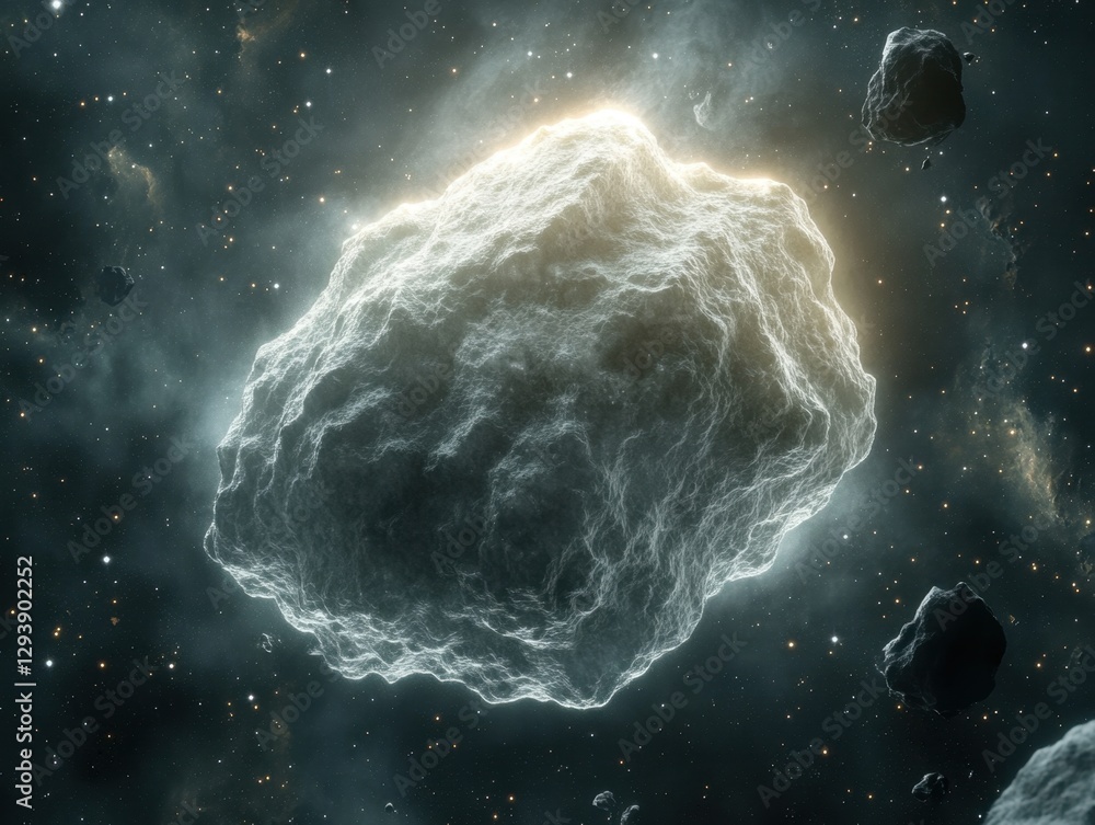 Poster majestic asteroid illuminated in deep space against a backdrop of distant stars and cosmic dust clou