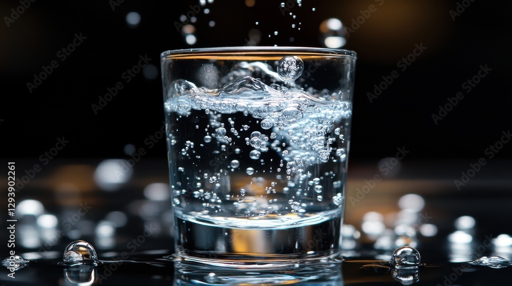 Poster sparkling water in a clear glass with dynamic bubbles on a dark reflective surface creating a refres