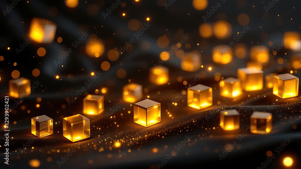 Poster abstract golden cubes floating on dark fabric evoking magic and mystery ninety three characters