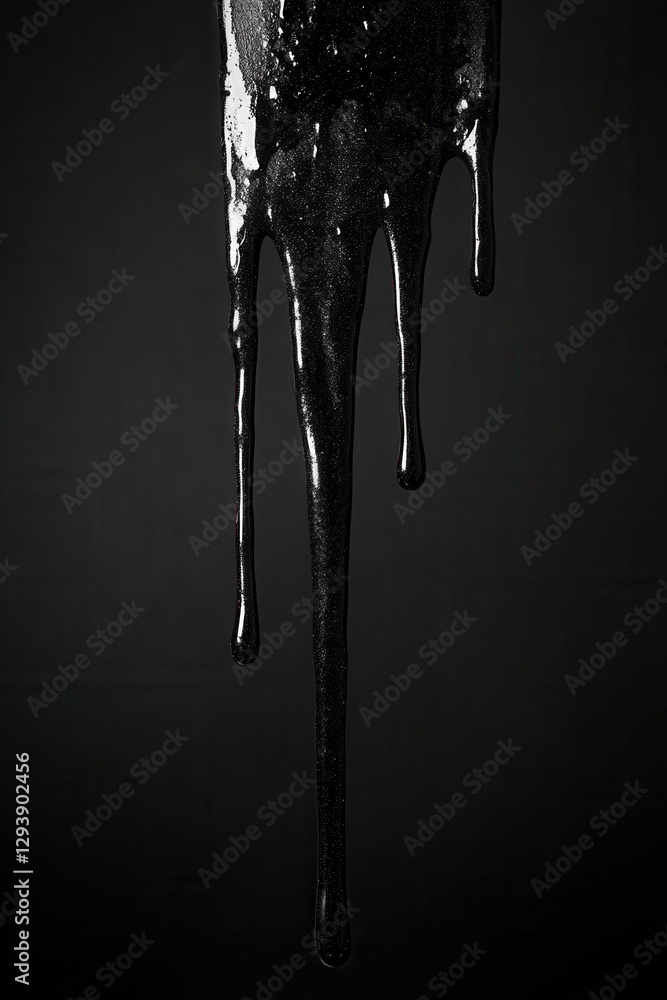 Poster dramatic black viscous liquid cascading down a dark surface creating a mesmerizing abstract pattern 