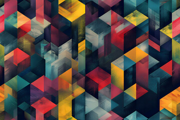 Abstract geometric vibrant colorful seamless pattern with artistic textured cubes design, trendy modern background