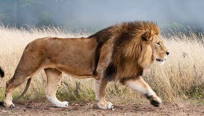 Side View of a Majestic TenYearOld Lion Panthera Leo Strolling through African Savannah at Sunset, Showcasing Regal Grace and Power in a Breathtaking Scene