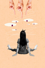 Art image vertical photo collage of anonym hipster girl sit back wear roller-skates cartoon eyeball...