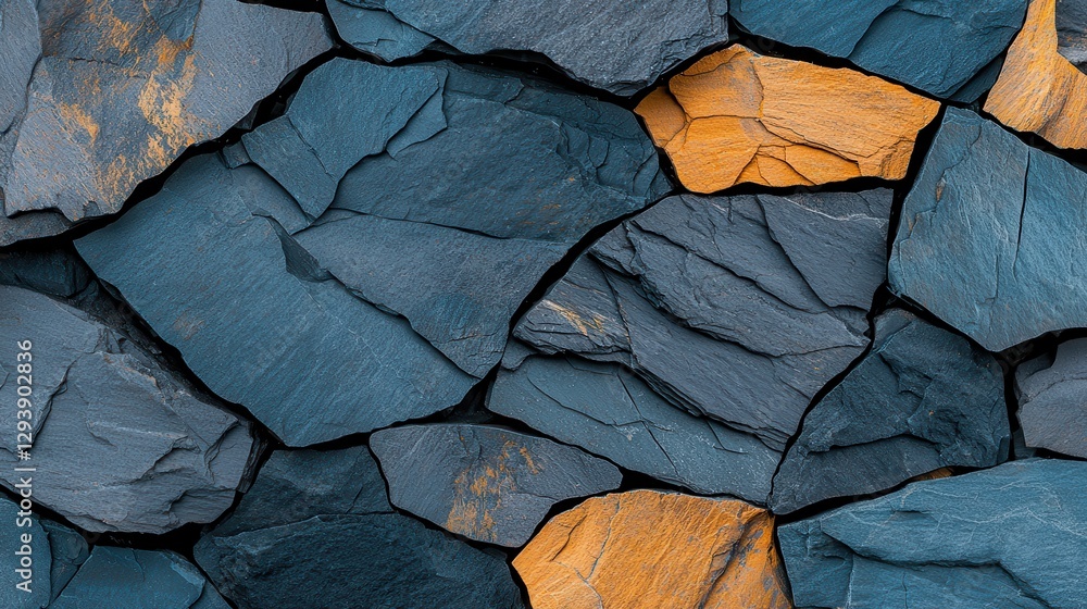 Poster textured blue and orange slate stone wall with unique patterns and colors