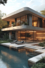 Fototapeta premium Photographie immobilière d'une façade moderne de villa contemporaine avec une architecture géométrique épurée, grandes baies vitrées, escaliers et dalles de pierres dans le jardin. Rendu 3D, HDR