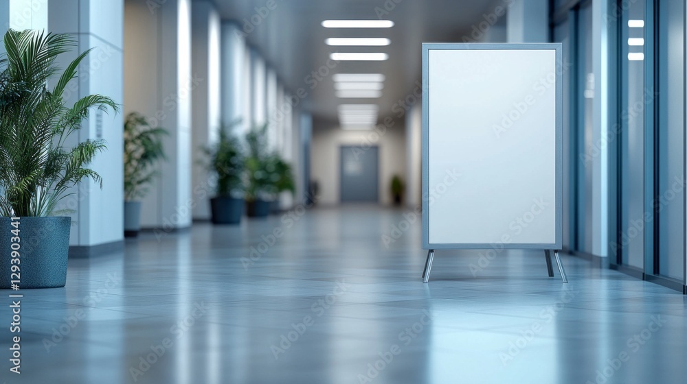 Poster a bright, spacious hallway showcases tall potted plants on either side, with an empty signboard in t