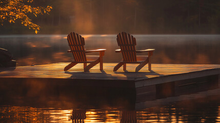 Fototapeta premium Two chairs overlook a tranquil lake at sunrise, inviting relaxation and reflection. The dock is illuminated by the warm, golden light.