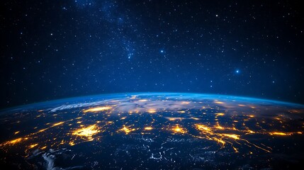 Obraz premium Earth Sunrise from Space with Golden Horizon, A stunning view of Earth from space with a sunrise casting golden light over the horizon, illuminating clouds and the atmosphere