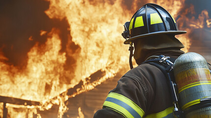 Firefighter facing intense flames, showcasing bravery and protective gear in a dangerous situation. A hero against the heat.