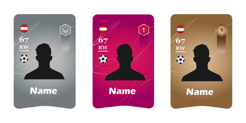 Customizable football player card template with silhouette, rating, position, and national flag. Set of three designs in silver, pink, and bronze colors © Creatmark
