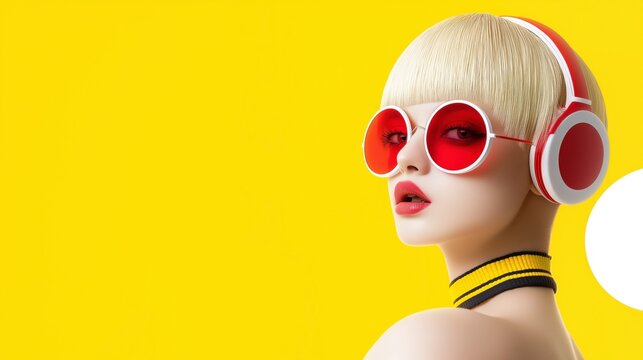 Beautiful fair-haired young sexy girl on yellow background. dj or or a music lover in sunglasses fun and listening to music in headphones. Girl face for music decor, dj, hobbies.