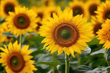 Obraz premium Sunflowers Blooming Vibrantly in a Golden Field Under a Bright Blue Sky on a Sunny Day
