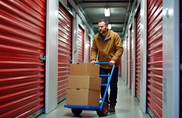 Man pushing cart with cardboard boxes inside secure storage unit facility. Male moves belongings, seasonal stuff, relocate property in warehouse. Red lockers door with automated access.