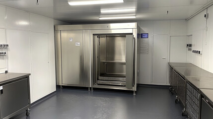 Stainless steel cold storage room with an open door showing shelves inside, tables with wire baskets and white insulated walls.