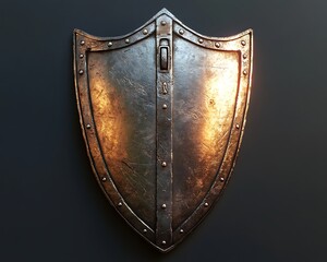 A tarnished steel shield rests against a dark background