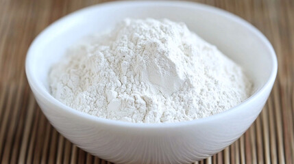 Close-up shot of a white bowl filled with white powder, possibly flour, on a textured surface, showcasing kitchen essentials.