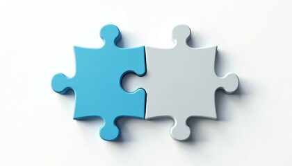 Obraz premium Two puzzle pieces in light blue, gray interlock perfectly. Connection, collaboration, task completion. Oneness, integration, fit, success. Business strategy concept. Teamwork, partnership. Solution.