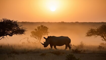 Silhouette of White Rhinoceros in Kalahari Mist, Botswana Majestic Wildlife Basking in Dreamy Dawns Glow, Capturing a Moment of Pure African Serenity.