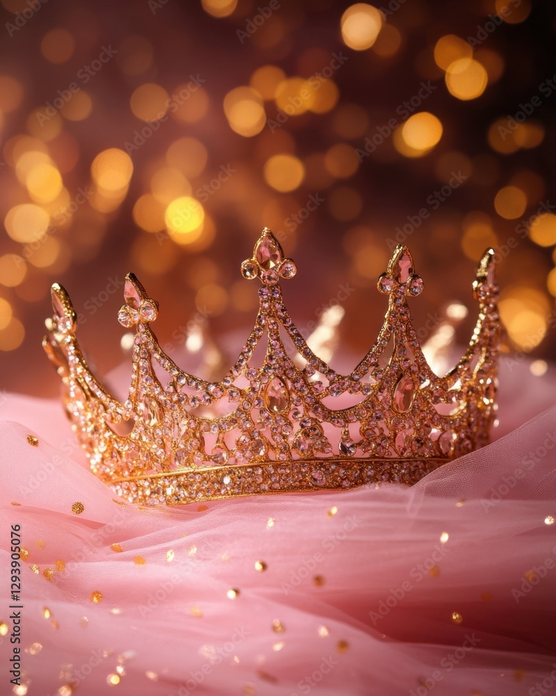 Poster glimmering golden crown adorned with jewels resting on soft pink fabric with bokeh lights background