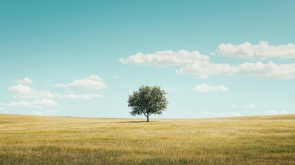 Isolated Tree on Open Field Under Bright Blue Sky with Clouds