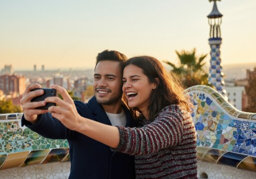Happy couple taking a selfie at Park Güell, capturing a joyful moment