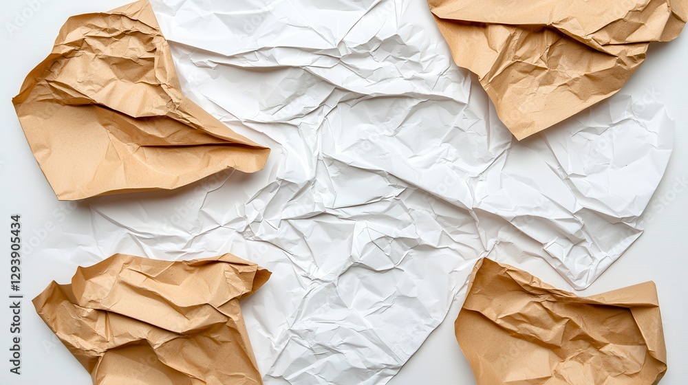 Poster crumpled white and brown paper sheets on a light surface creating a dynamic background