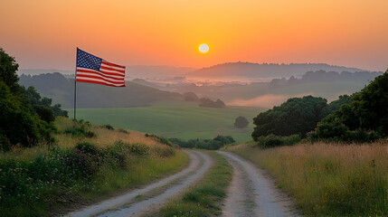 American flag at sunrise over rural landscape