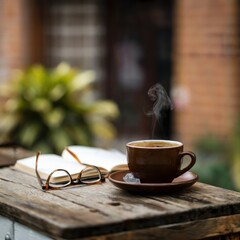 A photo of a still life setup with a steaming cup of coffee on a rustic wooden table. There is a journal and a pair of reading glasses beside the cup