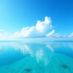 Obraz premium A breathtaking view of a crystal-clear turquoise ocean reflecting the bright blue sky and fluffy white clouds.