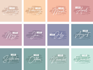 Minimal soft color Handwritten months names of the year on the background of an colorful brush. Set of colorful month names. Vector,  illustration.