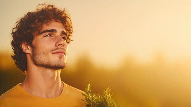 Sun-kissed young man holds fresh greens, embodying nature's boun