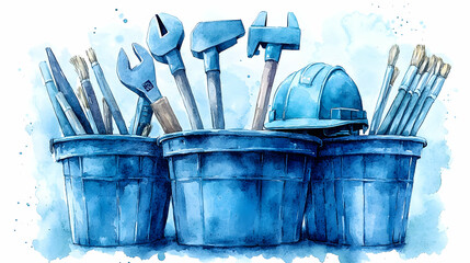 Blue tools and hard hat in buckets, watercolor style