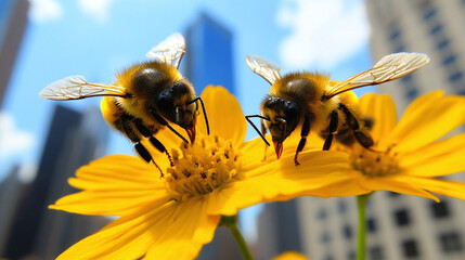 Naklejka premium Bees collect nectar on a flower in an urban environment, juxtaposing nature and city life. A sunny day highlights the insects' activity.
