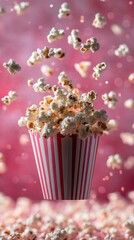Festive Popcorn Delight Overflowing from Striped Container Against a Vibrant Pink Bokeh Background Capturing the Joy of Movie Nights and Delicious Treats