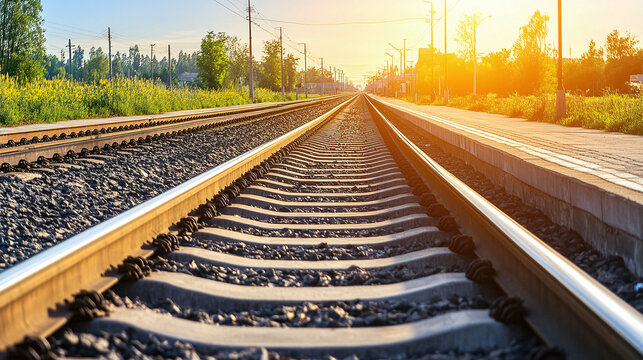 Sunrise on Railway Tracks: A vibrant scene of parallel steel tracks stretching into the distance, illuminated by golden sunlight.
