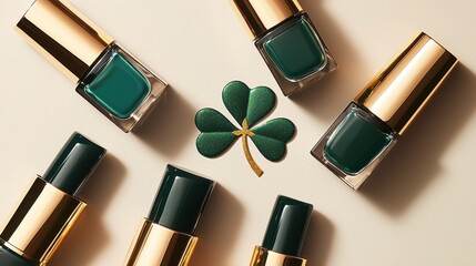 Obraz premium A collection of green nail polishes arranged around a green shamrock, highlighting a festive and stylish aesthetic.