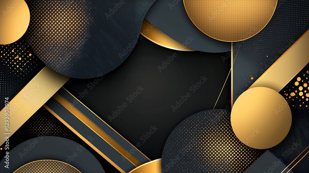Poster abstract background with golden circles and shapes on dark backdrop