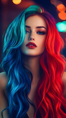 Fototapeta premium A beautiful woman with colorful hair poses for the camera 