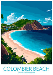 Colombier Beach St. Barth Poster Illustration Travel Print Decor Gift Paper Canvas Wall Retro Art