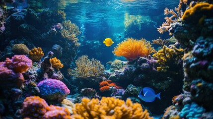 Naklejka premium Vibrant yellow coral dominates the frame, showcasing intricate textures amid a lively underwater world