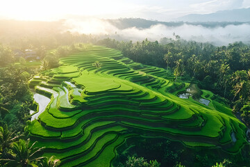 Lush terraced rice paddies at sunrise in Bali