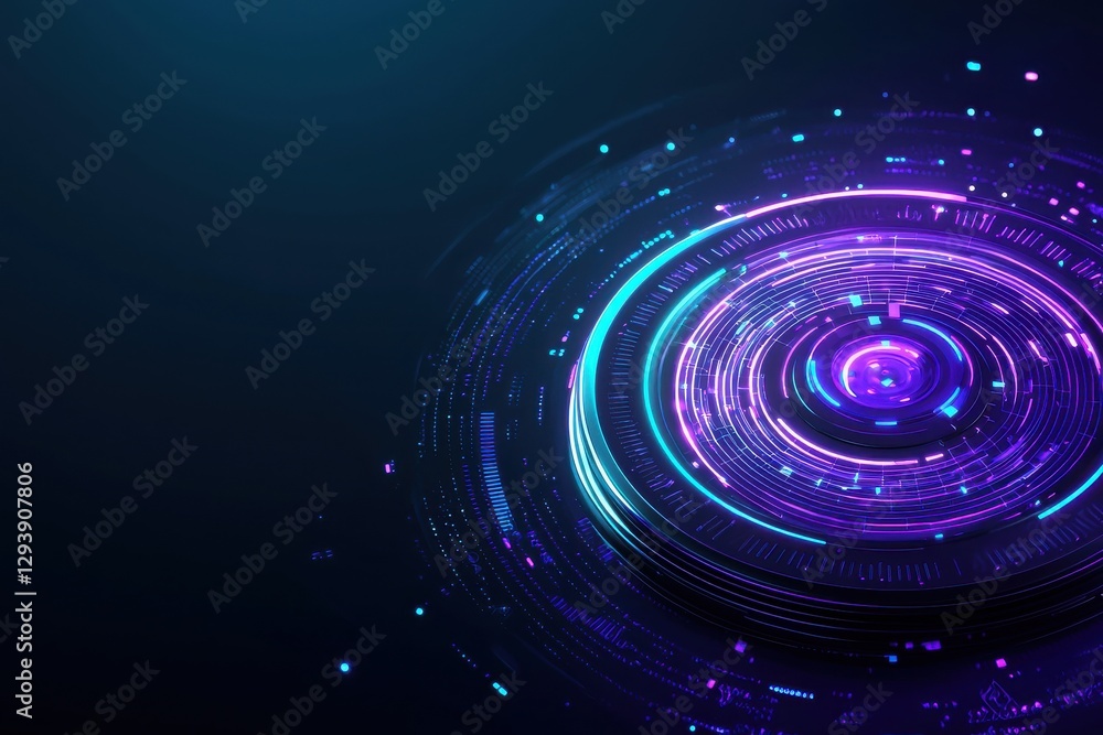 Poster a vibrant circular design with glowing particles, featuring shades of purple and blue, creating a dy