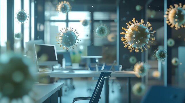 Empty office invaded by floating virus cells.