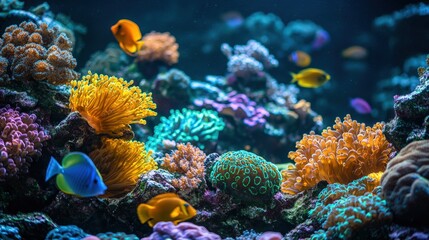 Obraz premium Vibrant yellow coral with a slender, winding stem stretches diagonally across this captivating underwater scene, showcasing nature's intricate beauty